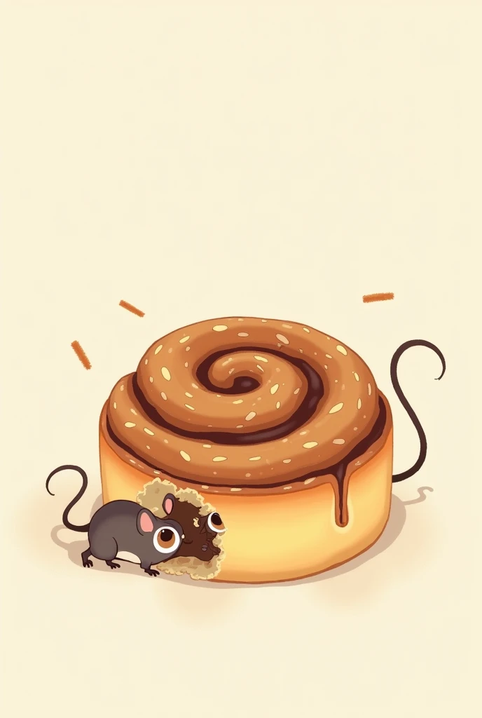 A happy cinnamon roll being eaten by a little mouse. 2D illustration without depth  