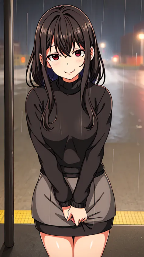 smile.clothes: (tight sweater), ((tight mini skirt)). location: (under the roof of the bus stop).(it's raining).my body and face...