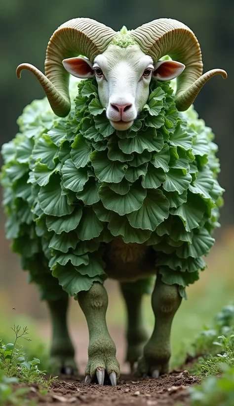  An ultra-realistic fusion between a lamb and a cabbage ,  creating a fierce and unique creature . . The resulting creature combines the powerful features of a ram with the robust and organic structure of a cabbage.  Your body is composed of a mixture of s...