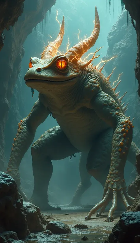 "A gigantic amphibious predator with six legs, a frog-like body, eyes that glow like volcanic lava and horns that carry lightning bolts, living in underground cave systems; a fantastic beast with natural crystal stones growing on its body."