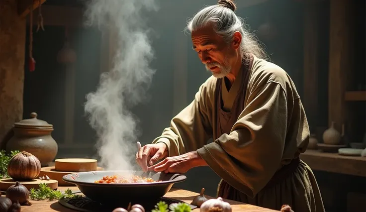 Asian in ancient times making a dish with black garlic 