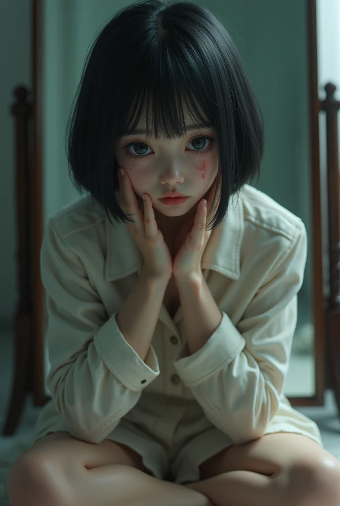 In realism style she looks like a real person an Asian girl with short black hair cut to the chin without bangs , soft face, plump lips in the shape of a heart , black eyes and a mole under them . She is pale , grabbing her neck , looks in and  is flowing ...