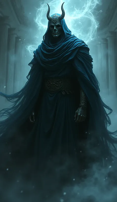 "A hauntingly beautiful image of Hades in his dark cloak, his helm of darkness shimmering, surrounded by swirling spirits in the underworld."