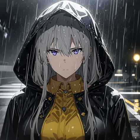 A woman wearing a raincoat with a black hood with yellow details, large breasts, long white hair, purple eyes, serious face, wet with rain, on a wet concrete sidewalk, darkened place with streetlight lighting, wet tree, lighting yellow, perfect face, perfe...