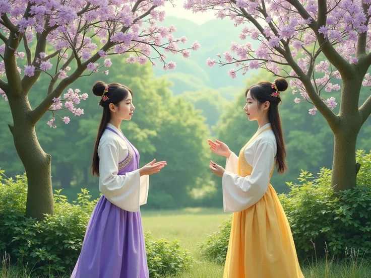  Korean and Korean trees meeting in a beautiful garden, with purple and yellow 