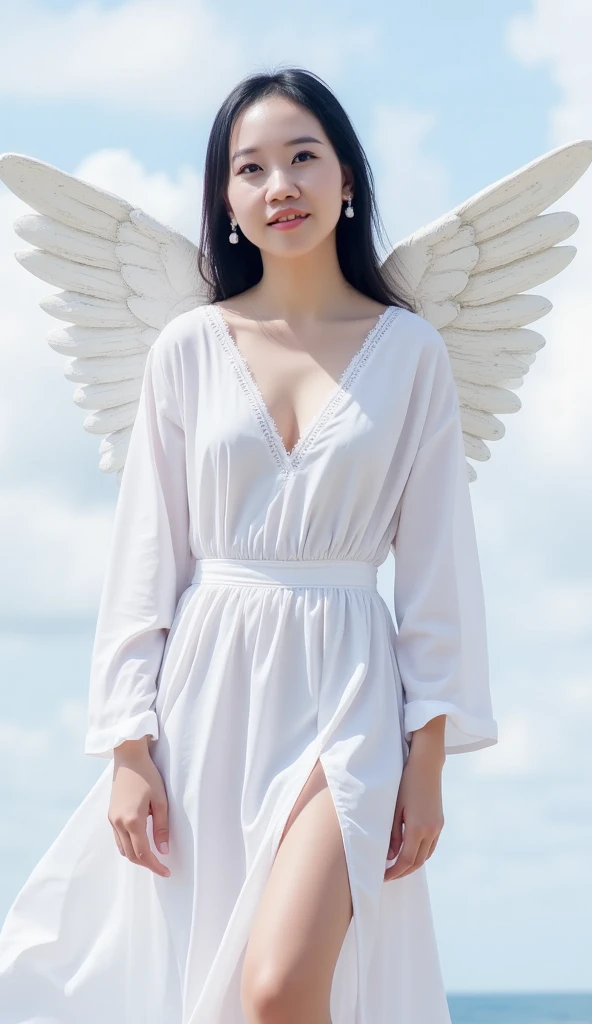 ((raw photo)), ((masterpiece)), anthropomorphic humanoid Angel Girl wearing white noble robe, intricate detail, futobot, intricate Greebles pieces, sky behind, pink, beautiful wings, detailed eyes and lips, photography, photo high realistic,