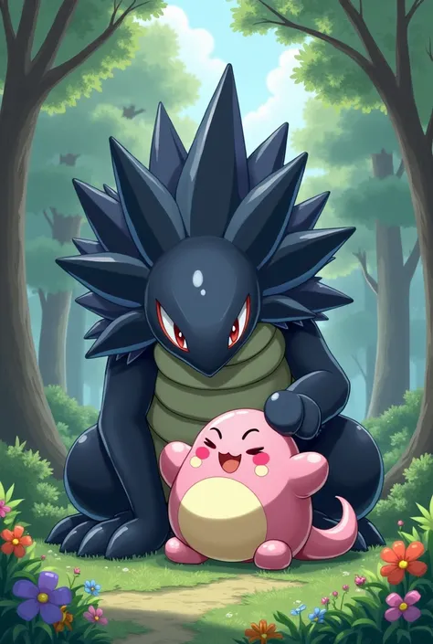 An Onyx and a Chansey from Pokemon together  