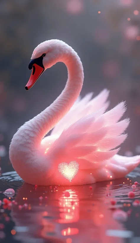 swan、 unrealistic、 The pink glowing heart is sparkling、 elegant and classy、A beautiful form of love 、Love comes true when you look at it 