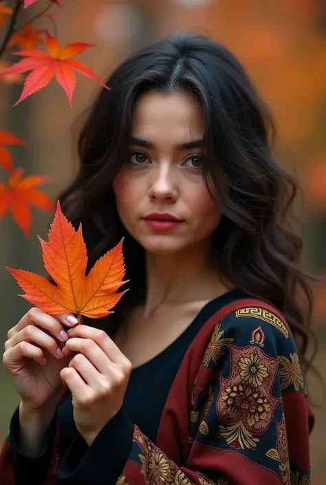  portrait of a beautiful woman , wearing black casual clothes with batik motif , shawl,  standing near a maple leaf as if holding the leaf, bokeh,  brownish , full hd 8k.