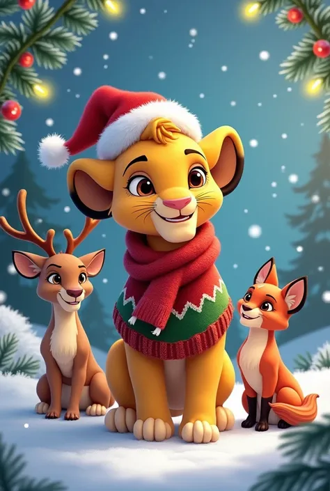 Baby Simba dress up in Christmas outfit with reindeer and fox 