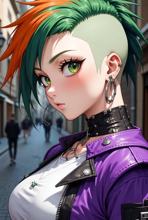 Anime style, Your interlocutor ,  has hair cut from the side,  Punk Fashion , 1 girl, Earrings,  has a white face , purple clothes, Green eyes,  Undercut, Black Widow  