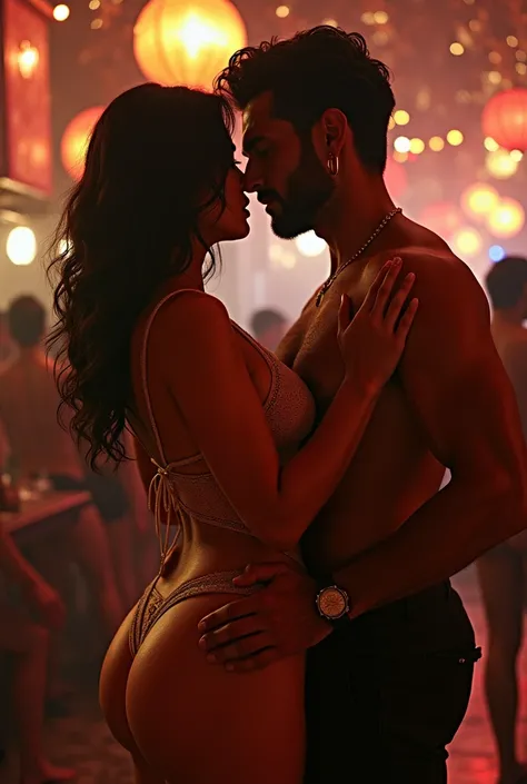 A Brazilian woman in a glittering nightclub, wearing a see-through tight and low-cut dress, Doing seductive dance for a naked man 