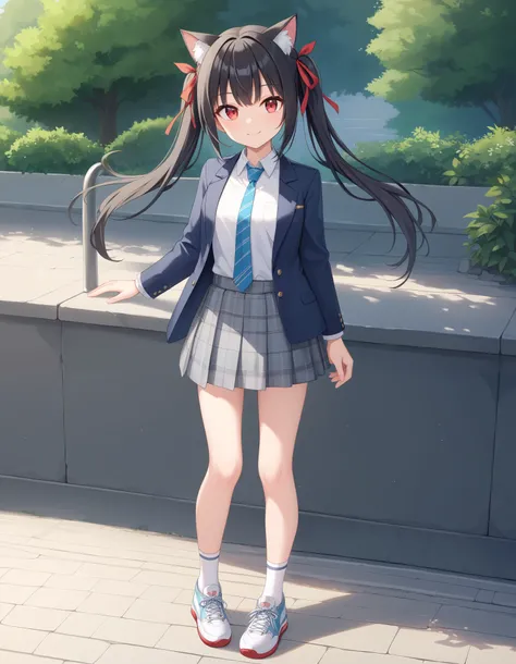 best quality,masterpiece, best quality 
1girl, solo, black hair,cat ears, red eyes, long hair, hair ribbon, bang, dark blue blazer, white collared shirt, cyan tie, gray plaid skirt, opened jacket, white socks, wearing sneakers,hair ribbon, twintails, smile...