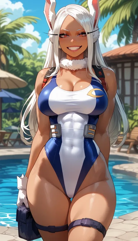  perfect eyes、 Perfectly Sexy Face Swimsuit、 ultra detailed、ultra perfect eyes、red eyes、Rumi Usagiyama、calm、 Boku no Hero Academia 、shiny hair、( Big breasts ), showing cleavage、Tight Waist、 thin waist 、May、 Thigh straps 、 glowing skin、 tanned skin 、Beleza、...