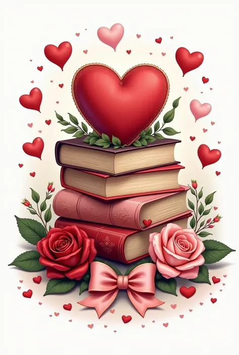  This design is themed on a romantic and literary Valentines Day .  At its center is a beautifully arranged stack of vintage books in shades of red , pink and cream ,  creating a warm and elegant beauty .  The back of the book is decorated with intricate d...