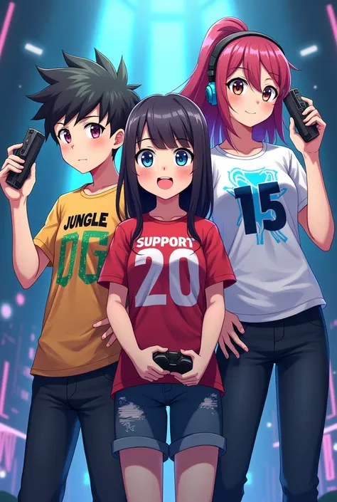 Anime gaming style, a teenager  boy with a gaming t-shirt that says jungle and its has a number 06, a teenager girl with a gaming t-shirt that says support and its has a number 20, another teenager girl  with a gaming t-shirt that says mage and its has a n...