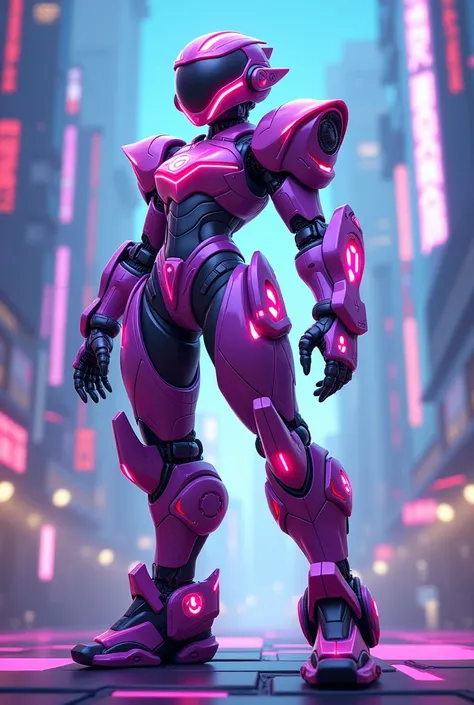 Emz brawl stars but make her a mecha skin like the male brawlers, purple/pink mecha, mecha girl, anthro, robot, cyber