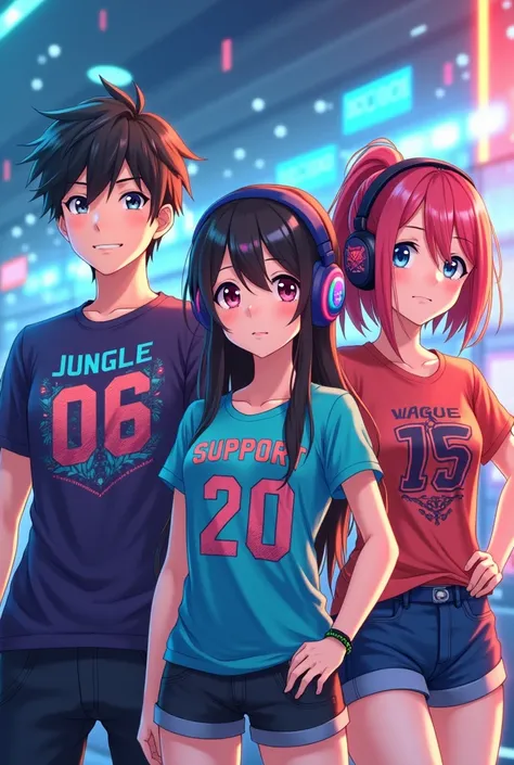 Anime gaming style, a teenager  boy with a gaming t-shirt that says jungle and its has a number 06, a teenager girl with a gaming t-shirt that says support and its has a number 20, another teenager girl  with a gaming t-shirt that says mage and its has a n...