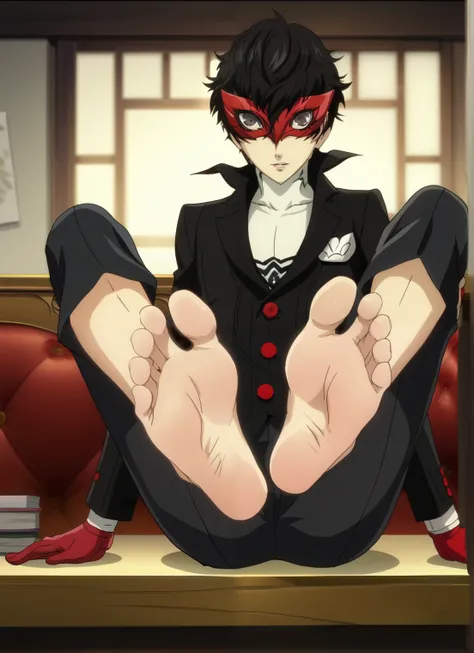 Score_9, score_8_up, source_anime, 1boy, Persona, Joker, big eyes, alone, looking at viewer, in his room, sitting, cowboy shot, ANIME SCREENCAP, anime coloring, barefoot, perfect feet, anatomically correct, soles, focal length 35mm, each foot has five toes...