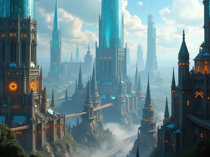  I want a place like a medieval city with giant shiny buildings with glass that shines and reflects,I want several buildings without nature on the horizon 
