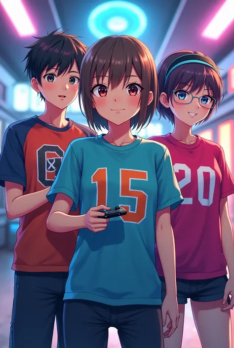 Anime gaming style, a teenager  boy with a gaming t-shirt that says jungle and its has a number 06, a teenager girl with a gaming t-shirt that says support and its has a number 20, another teenager girl  with a gaming t-shirt that says mage and its has a n...