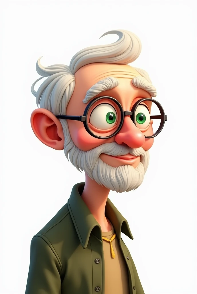 elderly man with green eyes full body seen from afar, short white hair, no long beard, wearing glasses, white background, cartoon
