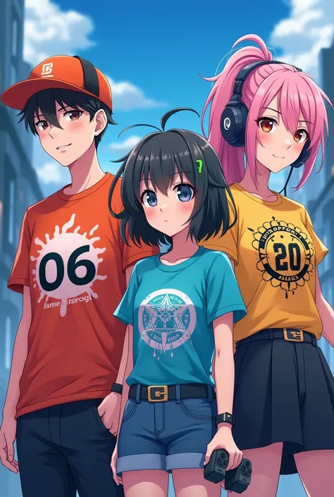 Anime gaming style, a teenager  boy with a gaming t-shirt that says jungle and its has a number 06, a teenager girl with a gaming t-shirt that says support and its has a number 20, another teenager girl  with a gaming t-shirt that says mage and its has a n...