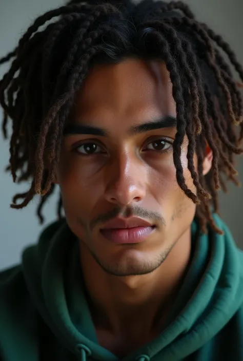 Very close up of the face of a young Latino man with medium nose, big dark brown eyes, long hair Rasta Style that covers part of his face, professional photographer 8k, face photo, half face