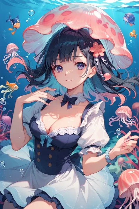 Jelly fish girl, pastel , ethereal, cleavage, jellyfish/human underwater. jellyfish head, black hair. Anime style