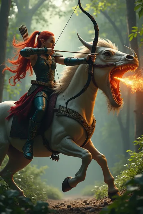 The most beautiful elf hits a sharp arrow in the head of an enraged dragon ,  she rides a unicorn she has a black and red bow with fire arrows 
His hair is red and he wears beautiful armor forged by forest gods 