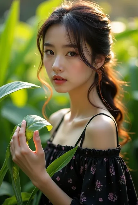 Portrait of a beautiful Korean woman smiling ,  wearing black casual clothes patterned cute picture, syall neck , berdiri di dekat sebuah dedaunan hijau ke hiGarden seperti sedang memegang daun tersebut dan embun di daun tersebut, bokeh,  brownish , full h...