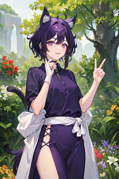 Create 2 characters . A boy does he have wolf ears black hair,  and a girl she has cat ears,  her hair is short purple. 