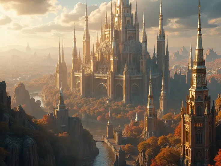  I want a medieval city of 15 giant shiny buildings with glass that shines and reflects,I want several buildings with no nature on the horizon just with more buildings on the horizon 
