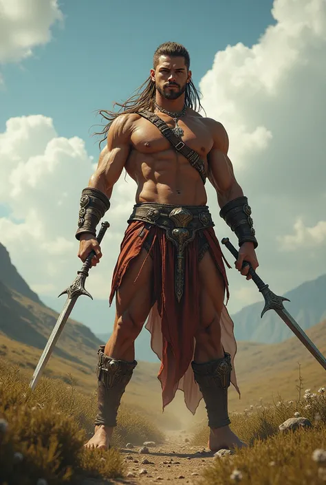  Create a legendary warrior with double swords and muscular body, sexy costumes and in a stunning open country landscape 