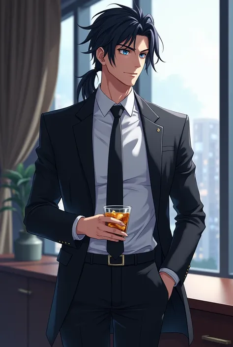 Anime man smiling handsome sexy blue eyes long black hair tied up in a low ponytail formal black pants formal white shirt long black tie black shoes formal black jacket, in his office having a drink watching from the window full body , Seiya kou