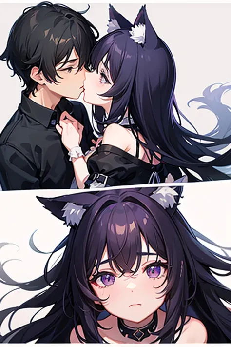 Create 2 characters . A boy does he have wolf ears black hair,  and a girl she has cat ears,  her hair is short purple. are kissing