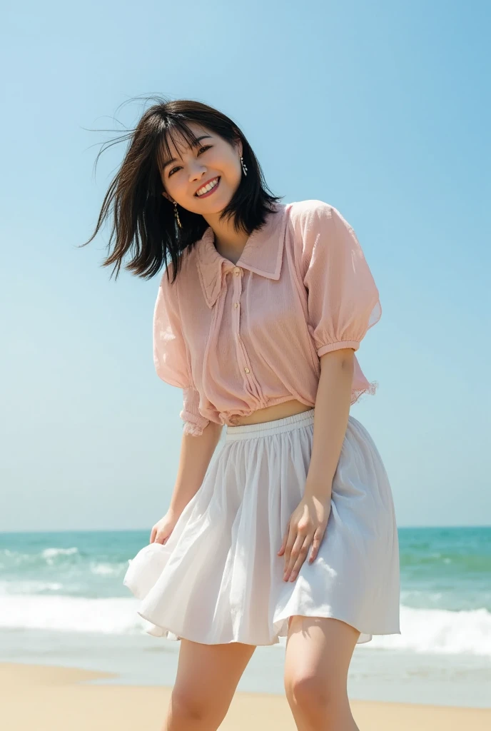 Depiction of the subject from below 、A jacket with a length that shows your belly button and a pleated skirt are inseam length outfits, and you can bend your legs and jump and smile、 beach 
