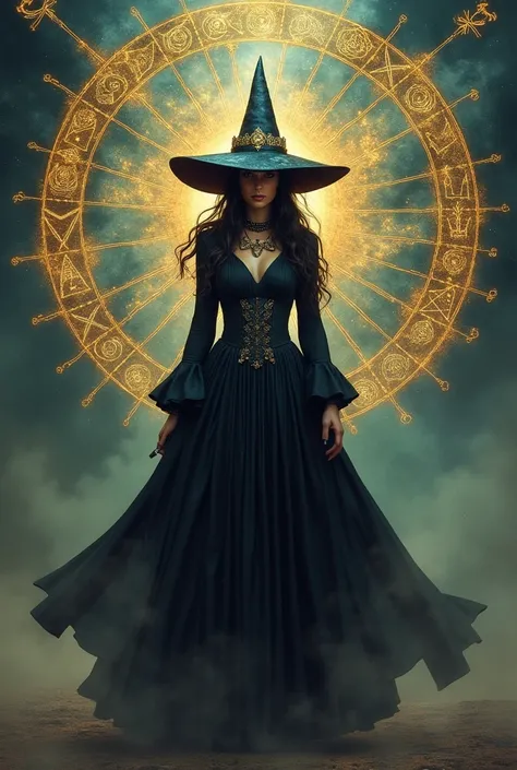 The Witch woman in a pointed hat with wheel of fortune