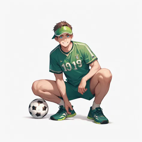  A man 
 with brown hair short haircut with a shirt with light and dark green corners and the center white with cap white visor blue eyes with a smile with a white background and full body with a football shirt

