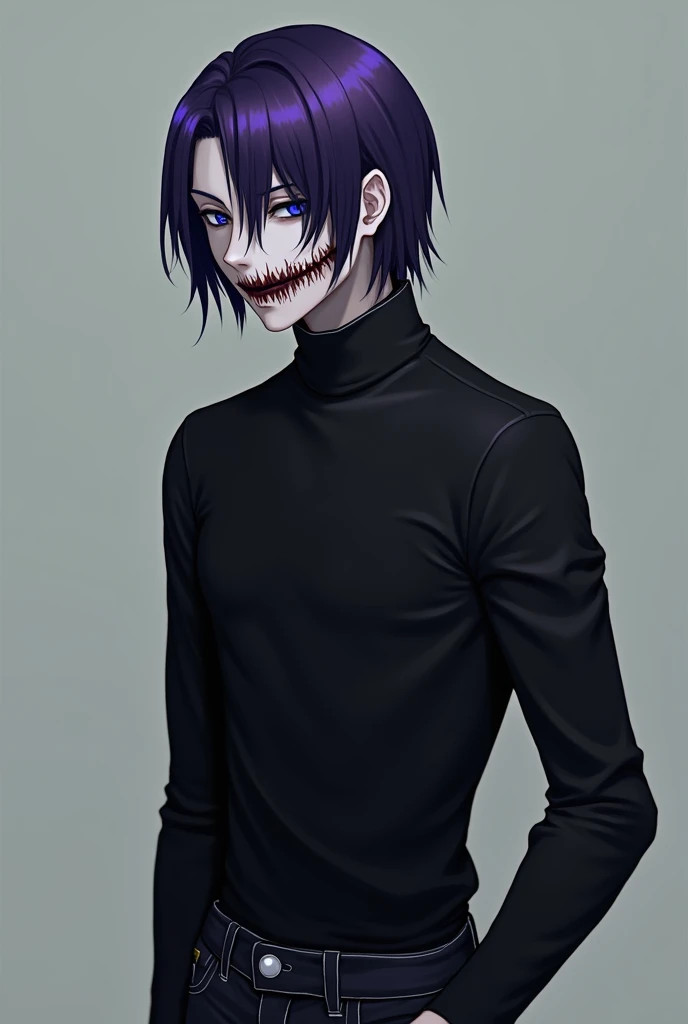  has short hair at the base of his shoulders and at the tips it has a purple hue,  on the side is shaved and he keeps his hair tied . 
He is tall thin and pale . 
 has a cut in his mouth like a smile on his lips until  "ear" ( made by a murderer named Jeff...