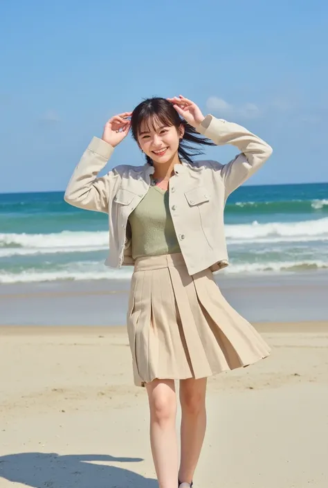 Depiction of the subject from below 、A jacket with a length that shows your belly button and a pleated skirt are inseam length outfits, and you can bend your legs and jump and smile、 beach 
