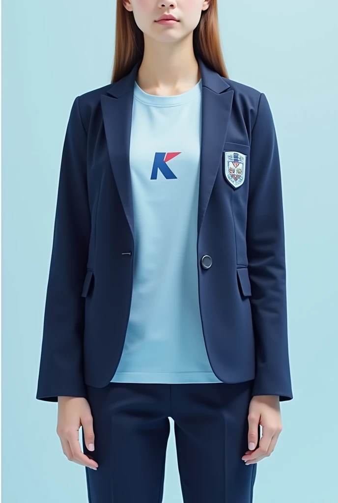  school uniform , Where the t-shirt is light blue ,  the pants and the jacket are navy blue ,  and the logo will be two colored prints on the chest. YOU NEED TO HAVE THE LOGO