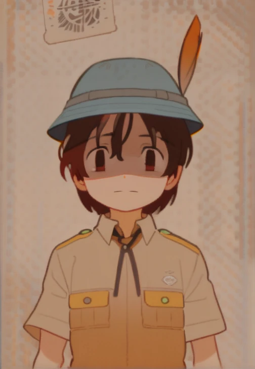 1boy, brown hair ,cyan hat  , close-up,  khaki shirt  ,shoulder board,Film Grain, Red eyes,Empty eyes, Hopeless, Dark face,  dark red eyes , beard, sad (face),  pale face , 