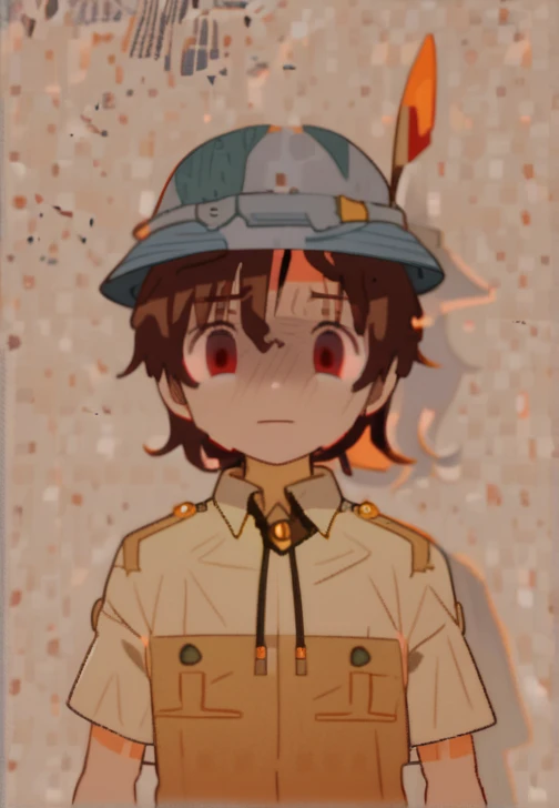 1boy, brown hair ,cyan hat  , close-up,  khaki shirt  ,shoulder board,Film Grain, Red eyes,Empty eyes, Hopeless, Dark face,  dark red eyes , beard, sad (face),  pale face , 