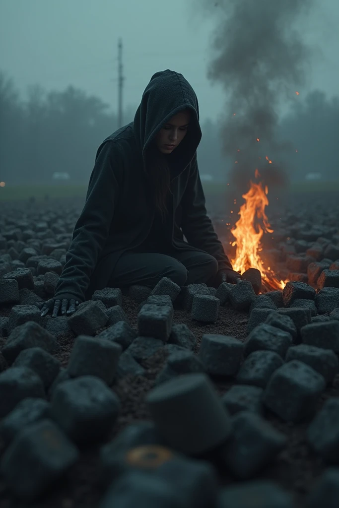 In the middle is a bonfire, on the ground full of black marshmallows, a hooded lady getting chocked on black marshmallows