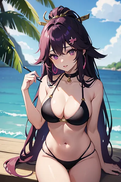 hot girl, kpop idol, yae miko,black bikini, PINK hair, long hair, best quality,(hair ornament:1.35), jewelry, purple eyes, earrings, big but medium breasts,detailed face, nontraditional miko, shiny skin, thick lips, at a lake