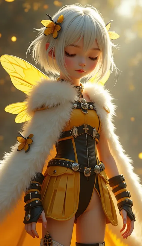 (((((masterpiece))))、((   unity 8k   、  Cinematic Light  、  super detailed、  best quality)) 、 Very fair skin 、 short hair 、  １８ year old girl  、 ( sleepy、  hollow eyes))、 with bee wings growing on the back  、 high-leg leathered armor with black stripes and...