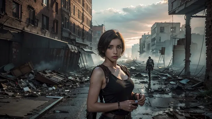 masterpiece, high resolution,8K,(Portrait Photos:1.5),(R Original Photo),Reality,Digital Photography,(Apocalyptic ruins ),City ruins，beautiful 20 year old woman，Short hair，sentry， post-apocalyptic scene， upper body photography ， broken clothes