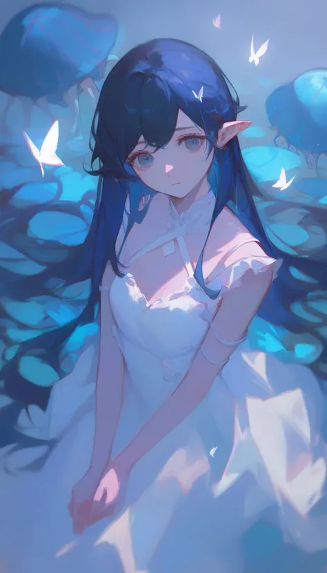 1 girl, long hair, cute face, sad, light, black hair, white dress, details, face, jellyfish , upper body, face, sexy, leg, white butterfly, light, face 