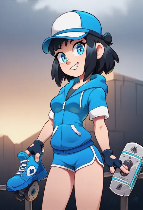 score_9, score_8_up, score_7_up, source_anime, best quality, clear face,fast skinny skate girl,black hair, blue eyes, medium hair, medium breasts, perfect body, standing, slight smile,blue shorts, indoor, pose,cool,simple design,cute, thick legs, hat cap,b...